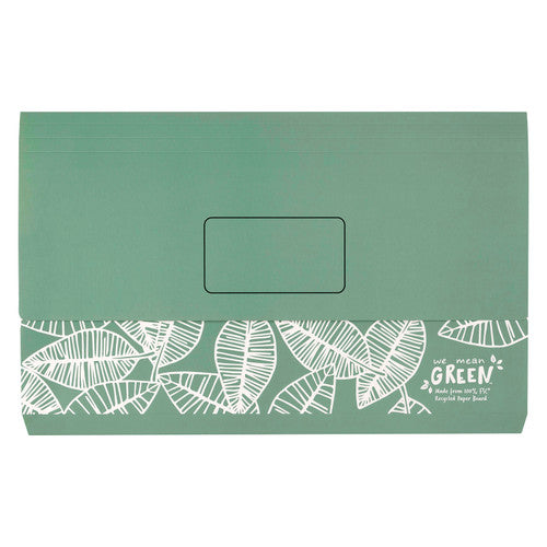 Marbig Enviro Slimpick wallet in sage green with a white leaf print along the lower edge and an outlined name panel on the flap