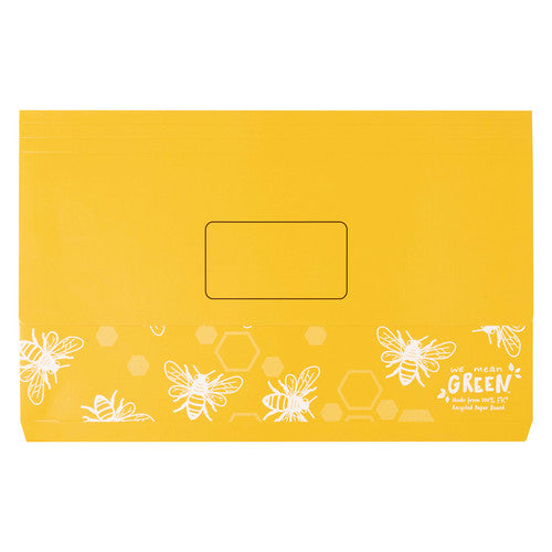 Marbig Enviro Slimpick wallet in yellow with white bees and honeycomb printed along the bottom and a name panel on the flap
