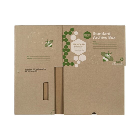 Marbig Enviro Standard Archive Box as a flat blank before assembly, printed with the box design and a perforated tear line