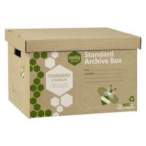 Marbig Enviro Standard Archive Box in brown board with green hexagon print, lid on, Standard Strength panel and ruled date and contents lines
