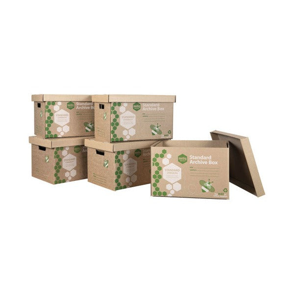 Group of Marbig brown Enviro Standard Archive Boxes, four closed and stacked with one open box and lid in front