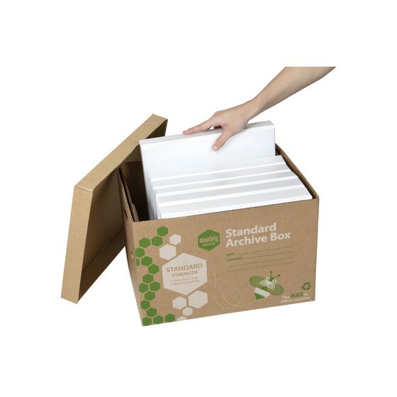 Hand loading white binders into a Marbig Enviro Standard Archive Box with the lid propped open