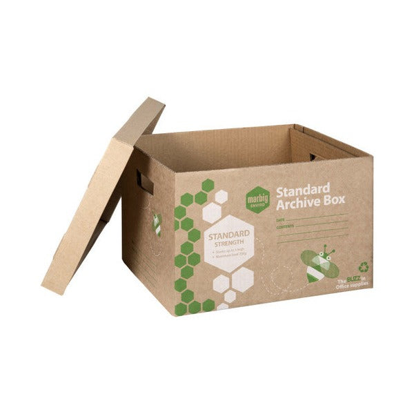Open Marbig Enviro Standard Archive Box with the lift off lid leaning against the side and the hand hole visible on the end