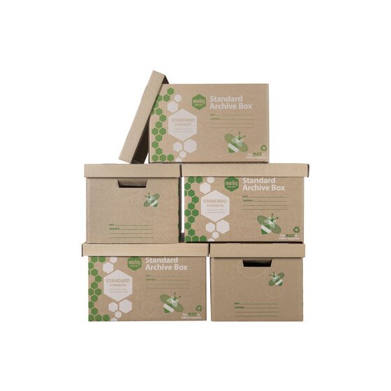 Five Marbig Enviro Standard Archive Boxes stacked in rows with hand holes on the ends and one lid tilted open on top
