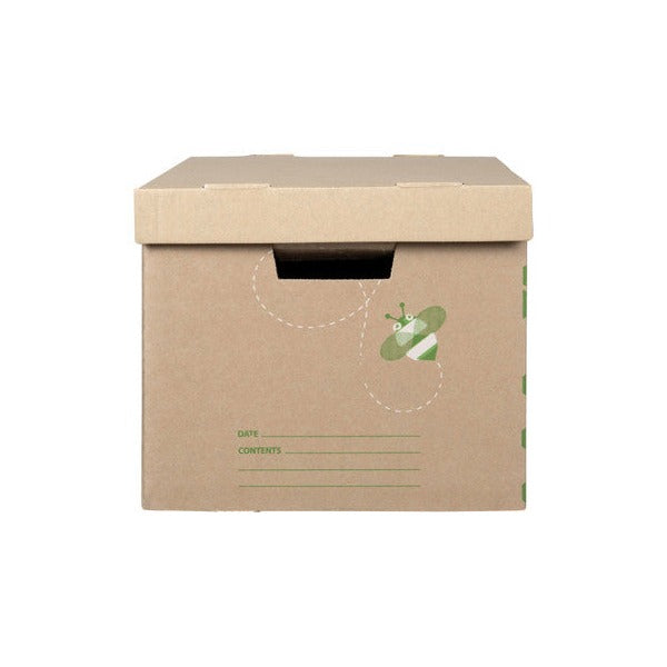 End panel of a Marbig Standard Archive Box with a bee print, a hand hole under the lid and ruled date and contents lines