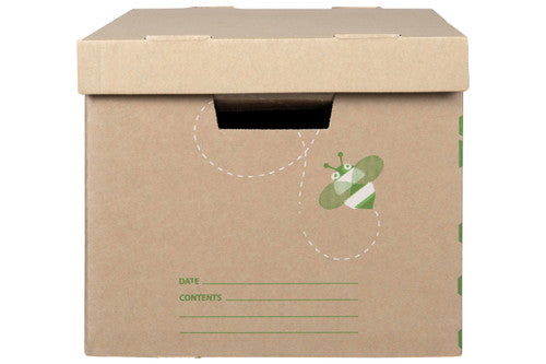 End panel of a Marbig Standard Archive Box with a bee print, a hand hole under the lid and ruled date and contents lines