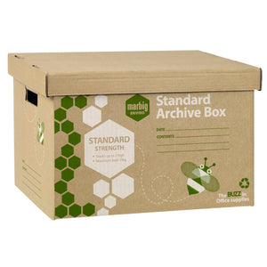 Marbig Standard Archive Box in brown board with green hexagon print, lid on, showing the Standard Strength panel and ruled date and contents lines