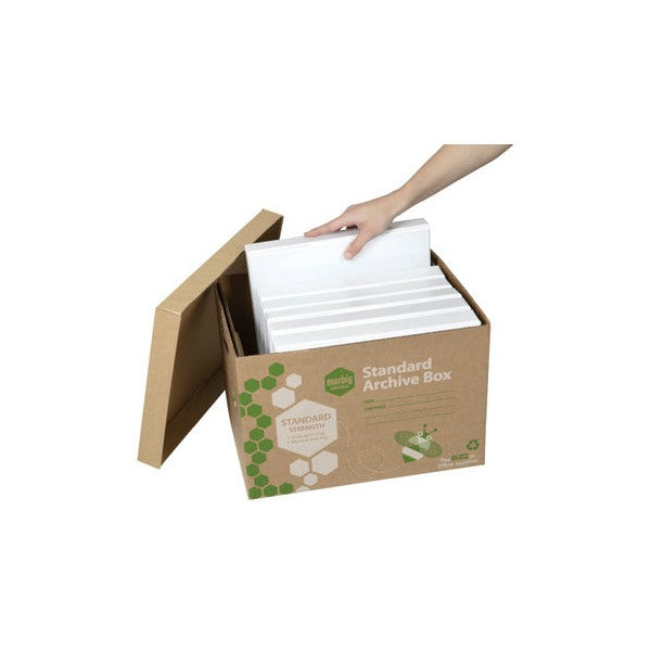 Hand loading white files upright into an open Marbig Standard Archive Box