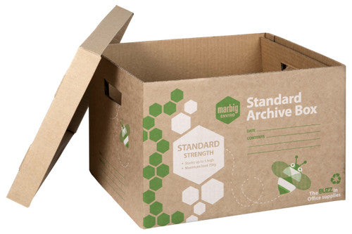 Empty Marbig Standard Archive Box with its separate lid leaning against the side and a hand hole in the end panel
