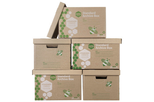 Five Marbig Standard Archive Boxes stacked in a pyramid, with the top box lid tilted open