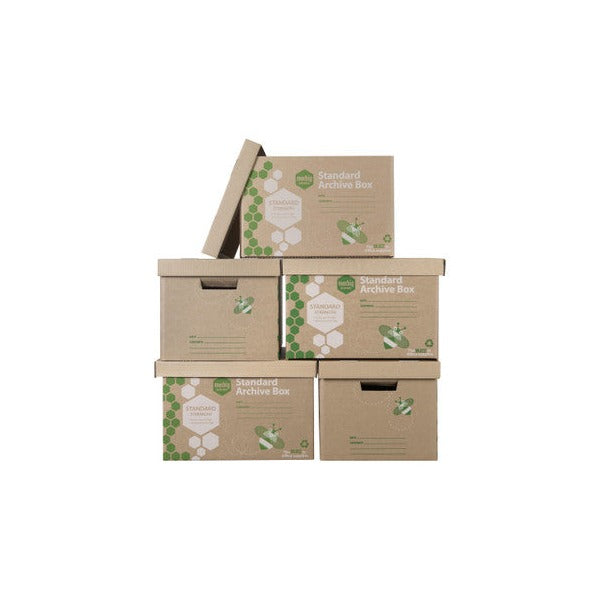 Five Marbig Standard Archive Boxes stacked in a pyramid, with the top box lid tilted open