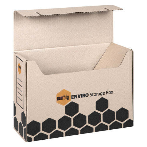 Marbig Enviro Storage Box in brown kraft with the attached lid folded open, black hexagon print and a ruled label panel on the end