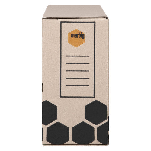 Narrow end panel of a closed Marbig Enviro Storage Box with the Marbig logo and ruled lines for contents