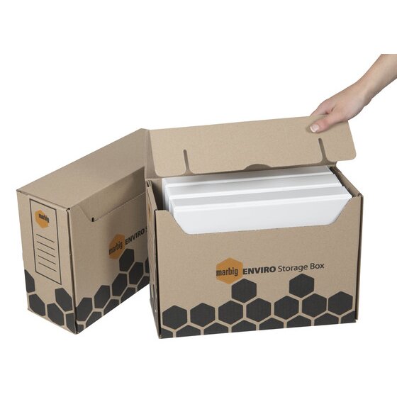 Two Marbig Enviro Storage Boxes, one closed showing its end label panel and one open with files inside