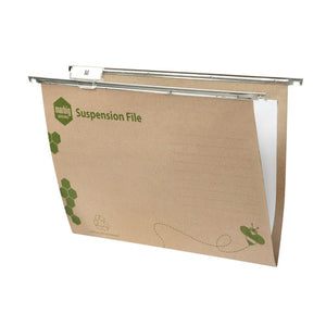 Marbig Enviro kraft board foolscap suspension file with a clear tab holding an M insert on the rail, green hexagon Enviro branding and a lined data panel on the front