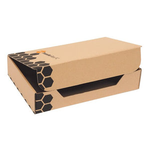 Assembled Marbig Enviro transfer box in brown board with black hexagon print along the edges and the lid closed over the base