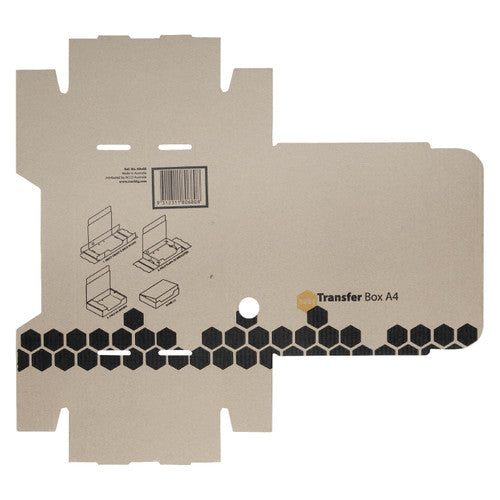 Flat Marbig Transfer Box A4 blank printed with the product name, four assembly drawings, a round finger hole and a barcode panel