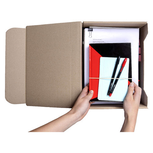 Hands placing notebooks and a stack of papers into an open Marbig A4 transfer box