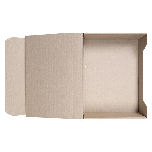 Empty Marbig A4 transfer box from above with its hinged lid and tuck flap folded open