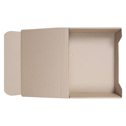 Empty Marbig A4 transfer box viewed from above with the hinged lid and tuck flap laid open