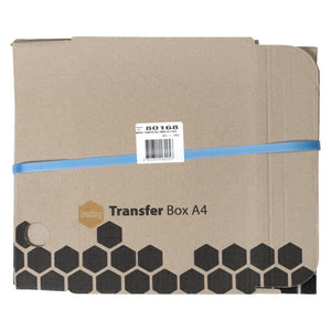 Pack of Marbig A4 transfer box blanks strapped flat with blue tape and a label reading 80168 Marbig Transfer Box Enviro A4 5 Pack