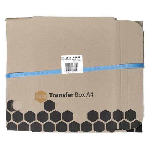 Pack of Marbig A4 transfer box blanks strapped flat with blue tape and a label reading 80168 Marbig Transfer Box Enviro A4 5 Pack