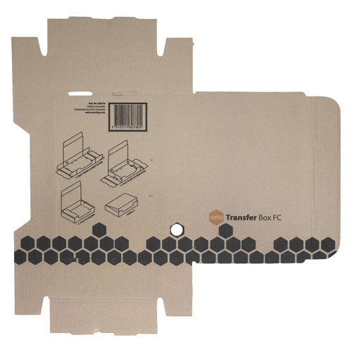 Flat Marbig Transfer Box FC blank with the product name, assembly drawings, a round finger hole and a barcode panel