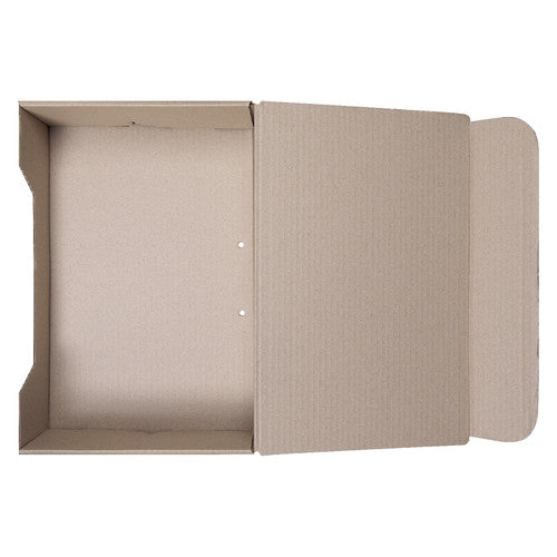 Empty Marbig foolscap transfer box seen from above, with its hinged lid and tuck flap opened out to the right