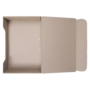 Empty Marbig foolscap transfer box seen from above, with its hinged lid and tuck flap opened out to the right