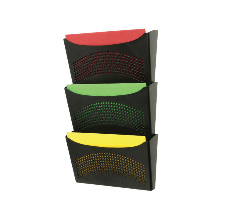 Marbig 86650 black Enviro wall pocket with three stacked compartments, each with a perforated curved front, holding red, green and yellow sheets