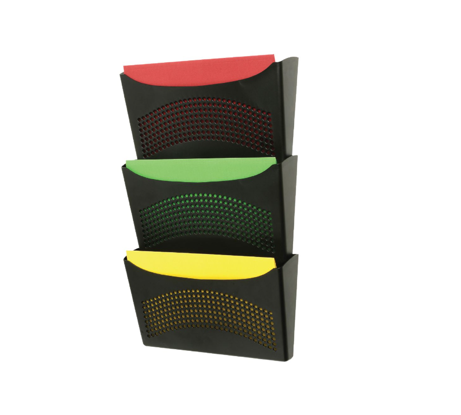 Marbig 86650 black Enviro wall pocket with three stacked compartments, each with a perforated curved front, holding red, green and yellow sheets