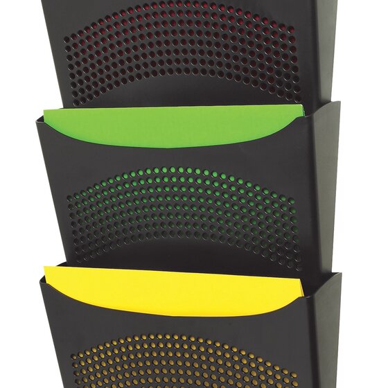 Close view of the Marbig black wall pocket compartments showing the curved perforated fronts with green and yellow sheets inside
