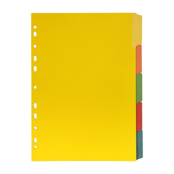 Marbig 37900F bright manilla dividers, yellow first divider with orange, green, red and teal tabs stepped down the right edge