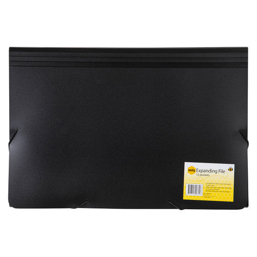 Marbig 12 pocket expanding file in black polypropylene, shown closed and front on with elastic cords at the corners and the yellow retail label on the front