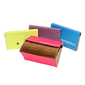 Four Marbig foolscap A to Z expanding files from the summer colours assortment, with covers in lime, purple, blue and pink, and the pink file opened to show the buff manilla concertina pockets and their printed letter tabs.