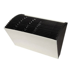 Ivory Marbig heavy duty expanding file with no flap, open to show black pockets with printed letter and month tabs
