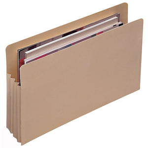 Marbig foolscap expanding file jacket in buff manilla board, shown open along the top edge with documents inside and the gusseted side and bottom expanded to hold a bulky file.
