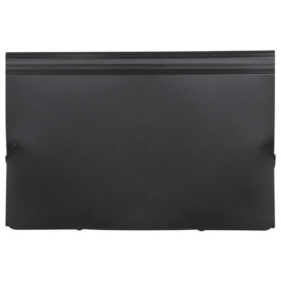 Marbig black A4 expanding file with storage box shown closed, flap lid held by an elastic cord at each corner