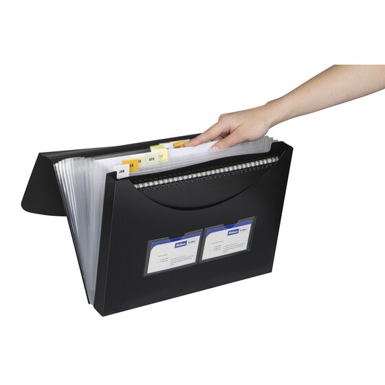 Hand filing a sheet into the clear tabbed pockets of an open Marbig black expanding file with two business card holders on the front