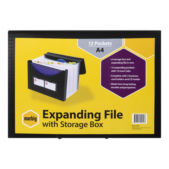 Marbig Expanding File with Storage Box pack card in yellow and purple, marked A4 with a list of feature bullets