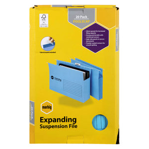Marbig Expanding Suspension File carton marked 20 Pack Foolscap, picturing blue expanding files with a tabs and inserts included panel and a purple feature panel