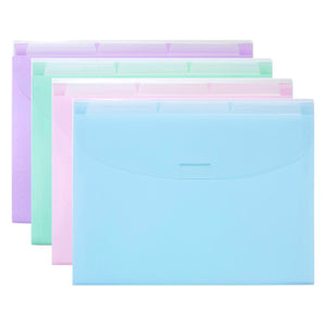 Four Marbig pastel expanding wallets fanned out in purple, green, pink and blue, each showing three tabs along the top edge