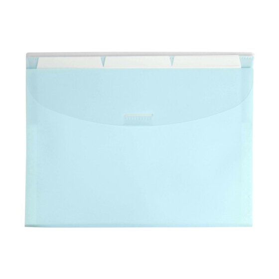 Marbig pastel blue expanding wallet from the front with three white tab dividers visible along the top above the flap