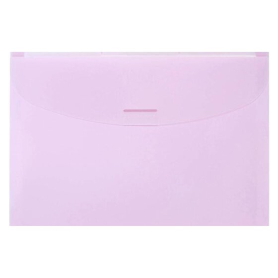 Marbig pastel pink expanding wallet seen from the front with the curved flap closed over the opening