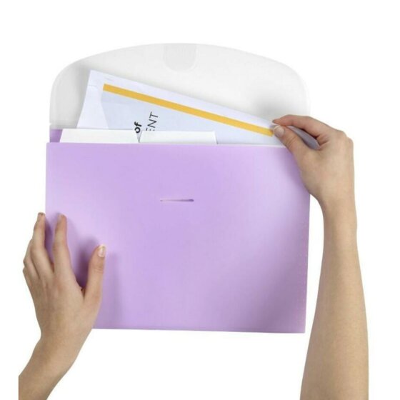 Hands filing a document into a Marbig pastel purple expanding wallet with the flap open and the slot on the front