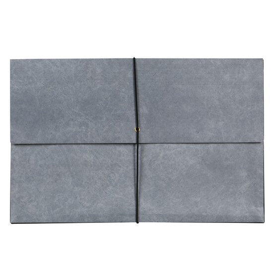Front of a closed Marbig foolscap expanding wallet with the elastic cord running over the flap and down the front