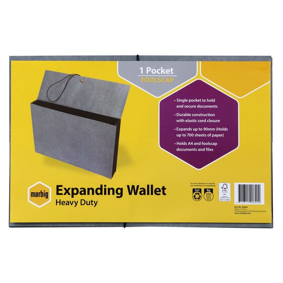 Marbig Expanding Wallet Heavy Duty 1 pocket foolscap with its yellow header card listing the elastic cord closure and 90mm expansion