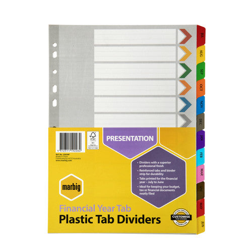 Marbig Financial Year Tab Plastic Tab Dividers in their yellow and purple pack, with month tabs from JUL to JUN down the right edge