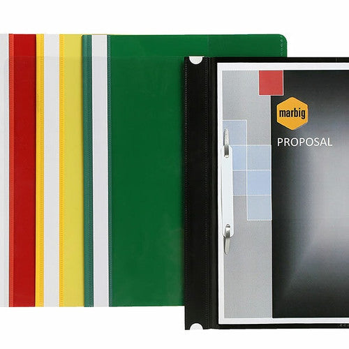 Inside view of Marbig A4 Deluxe Flat File showing vertical back pocket and prong fastener detail