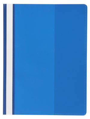 A blue Marbig A4 Deluxe flat file seen from the front, closed, with a white full length title strip running down the left edge beside the bound spine